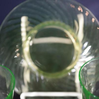 Sale Photo Thumbnail #67: vaseline pinch glass pattern juice glasses four. in good condition
6" swirl pattern  vaseline glass plate 
UV light tested - fluorescent 
good condition no damage noted.