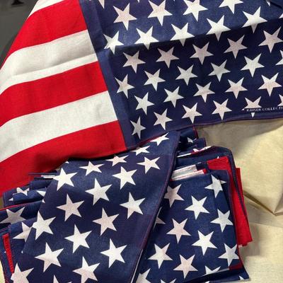 Patriotic napkins and two le Creuset mugs.