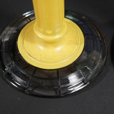 Sale Photo Thumbnail #85: satin glass with clear base with webb pattern of black . 
2 sage color at 8 1/4" and a mustard color satin finish at 6" 
sage pair are in very good condition
6" mustard colored one is cracked where the candle sits. interior crack that does not go all the 