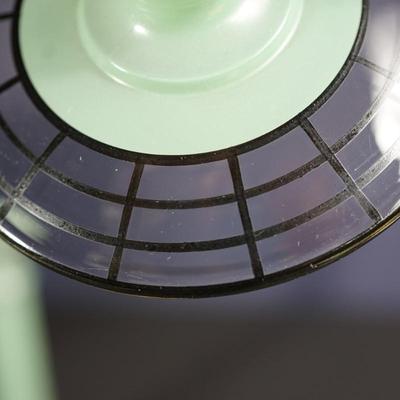 Sale Photo Thumbnail #83: satin glass with clear base with webb pattern of black . 
2 sage color at 8 1/4" and a mustard color satin finish at 6" 
sage pair are in very good condition
6" mustard colored one is cracked where the candle sits. interior crack that does not go all the 