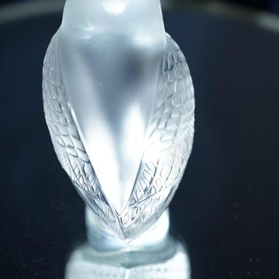 Sale Photo Thumbnail #88: Lovely crystal owl paperweight - signed along the pedestal Lalique France
no damage noted. 
3 1/2" height