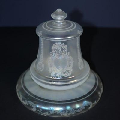 Sale Photo Thumbnail #91: early 1900's luster light shade that was afixed to a metal ring with interior ring that screwed in the rim of the shade
This is being sold as a decorative as the metal hardware is missing . this is in two parts the globe and the ring, It could have been c