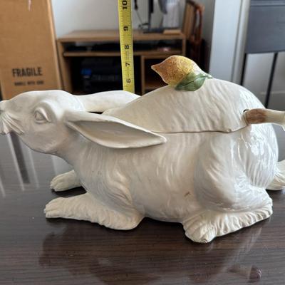 Vintage Italian Ceramic Rabbit Tureen with Lemon & Mushroom Lid – Figural Serving Dish