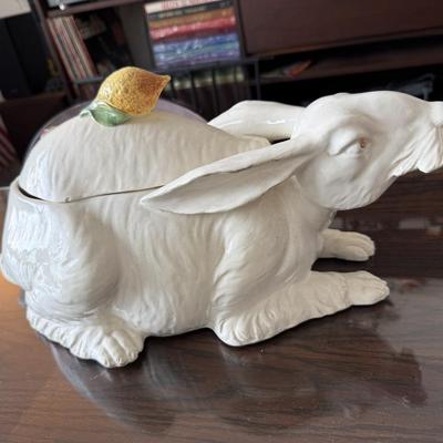Vintage Italian Ceramic Rabbit Tureen with Lemon & Mushroom Lid – Figural Serving Dish