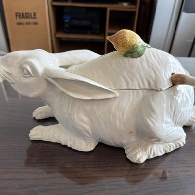 Vintage Italian Ceramic Rabbit Tureen with Lemon & Mushroom Lid – Figural Serving Dish