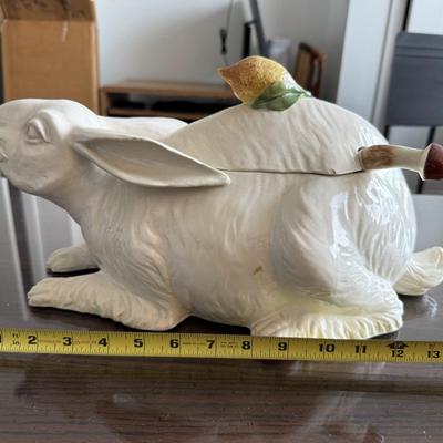 Vintage Italian Ceramic Rabbit Tureen with Lemon & Mushroom Lid – Figural Serving Dish