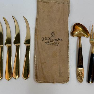 Gold Tone Knife & Serving Utensil set in vintage advertising felt bag