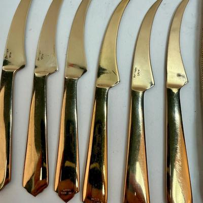 Gold Tone Knife & Serving Utensil set in vintage advertising felt bag