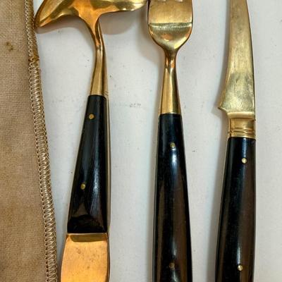 Gold Tone Knife & Serving Utensil set in vintage advertising felt bag