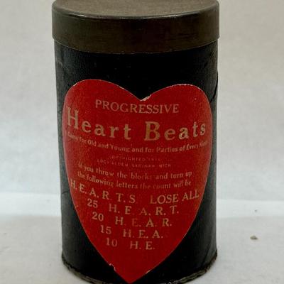 HEART BEATS antique game wooden spelling blocks in can 1916 LOCTAALDEN Saginaw Michigan