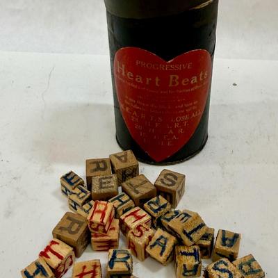HEART BEATS antique game wooden spelling blocks in can 1916 LOCTAALDEN Saginaw Michigan