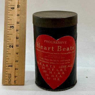 HEART BEATS antique game wooden spelling blocks in can 1916 LOCTAALDEN Saginaw Michigan