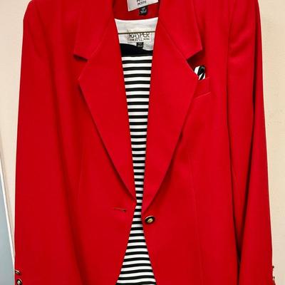 Vintage Kasper 3 pc set of clothing - Red Jacket, Black and White Striped Top and Black Skirt