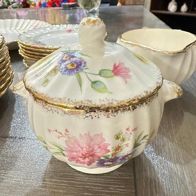 22K Pure Gold Vintage Floral Porcelain Dinnerware Set With Gold Trim Plates, Cups, Bowls & Serving 43 Pieces