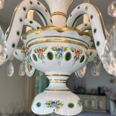 Elegant Vintage Italian Porcelain Chandelier, Hand-Painted Florals & Crystal Drops