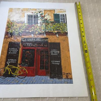Signed European Caf Scene Painting La Villa Miranda  Italian Ristorante Street View With Bicycle