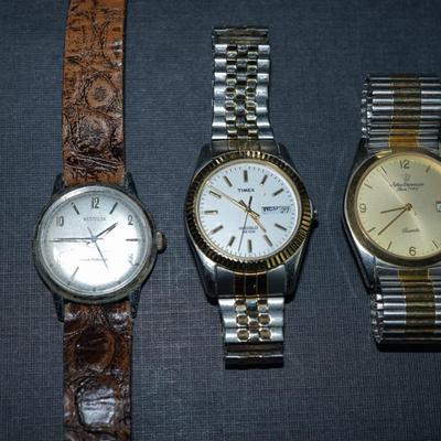 Sale Photo Thumbnail #130: three mens watches selling as is. They are in good condition, not working, 
need intricate cleaning 
Jules :3325
westclox; vintage but needs cleaning and has wear around the crown
Timex Indiglo nice gold and silver band.
I have not removed the backs but h