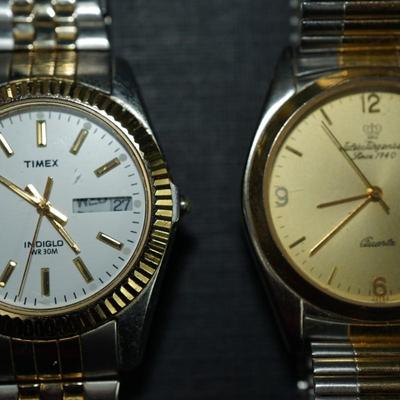 Sale Photo Thumbnail #132: three mens watches selling as is. They are in good condition, not working, 
need intricate cleaning 
Jules :3325
westclox; vintage but needs cleaning and has wear around the crown
Timex Indiglo nice gold and silver band.
I have not removed the backs but h