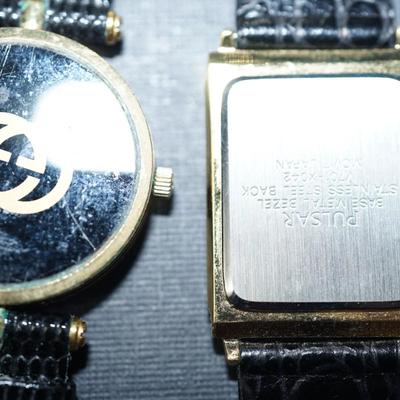 Sale Photo Thumbnail #166: grouping of mens wrist watcher for the person who reburbishes vintage watches. 
the watches are in fair to good condition. The crystals on the Gucci and Timex are cloudy and. scratched
The beveled crystals on the Pulsar is good as is the Pierre Cardin
Sta