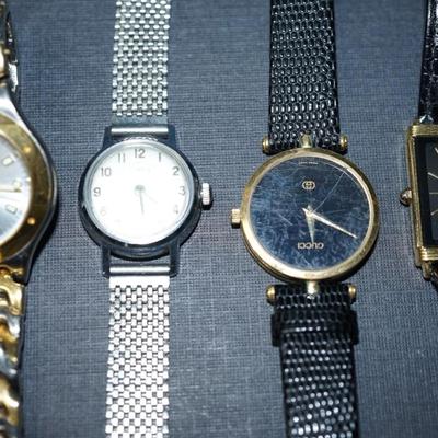 Sale Photo Thumbnail #163: grouping of mens wrist watcher for the person who reburbishes vintage watches. 
the watches are in fair to good condition. The crystals on the Gucci and Timex are cloudy and. scratched
The beveled crystals on the Pulsar is good as is the Pierre Cardin
Sta