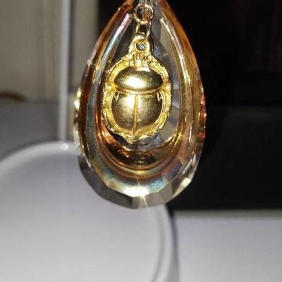 Sale Photo Thumbnail #3: Heavy Cut Topaz Chrystal featuring an Egyptian Scarab pendant. Upcycled item from 1960s Chrystal & Egyptian revival jewelry.