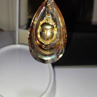 Sale Photo Thumbnail #2: Heavy Cut Topaz Chrystal featuring an Egyptian Scarab pendant. Upcycled item from 1960s Chrystal & Egyptian revival jewelry.