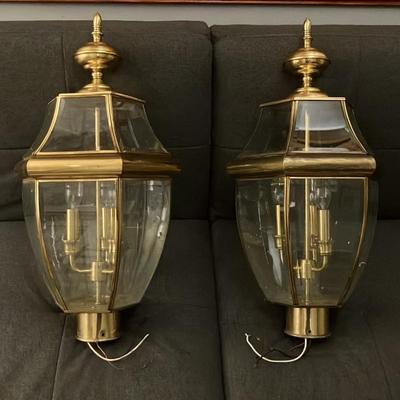 Pair of Quoizel Newbury Solid Brass Outdoor Post Lanterns - Polished Brass, 3-Light