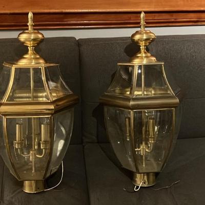 Pair of Quoizel Newbury Solid Brass Outdoor Post Lanterns - Polished Brass, 3-Light