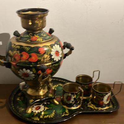 Vintage Russian Electric Samovar Set - Hand-Painted Floral Khokhloma Style with Tray & Cups