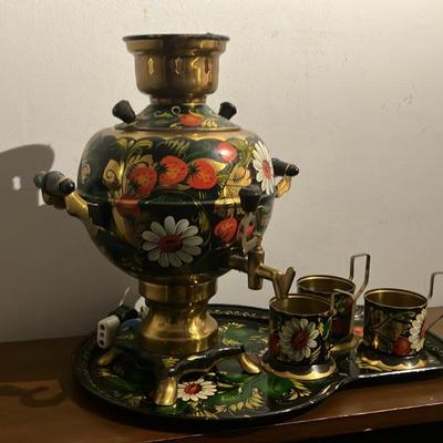 Vintage Russian Electric Samovar Set - Hand-Painted Floral Khokhloma Style with Tray & Cups