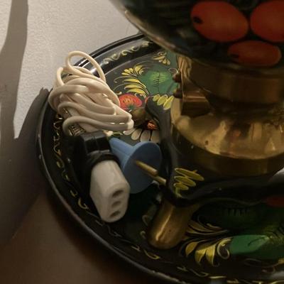 Vintage Russian Electric Samovar Set - Hand-Painted Floral Khokhloma Style with Tray & Cups