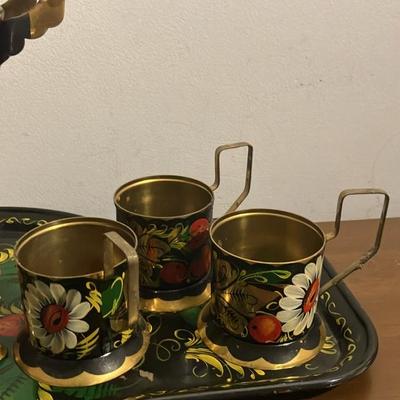 Vintage Russian Electric Samovar Set - Hand-Painted Floral Khokhloma Style with Tray & Cups