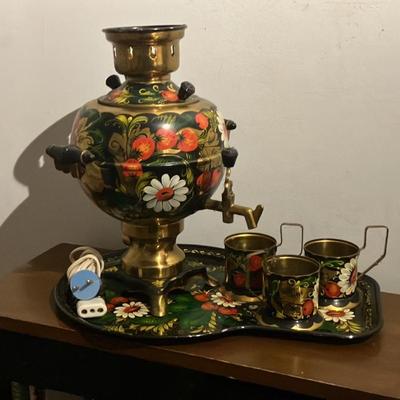 Vintage Russian Electric Samovar Set - Hand-Painted Floral Khokhloma Style with Tray & Cups