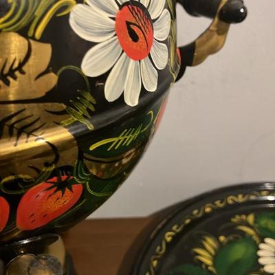 Vintage Russian Electric Samovar Set - Hand-Painted Floral Khokhloma Style with Tray & Cups