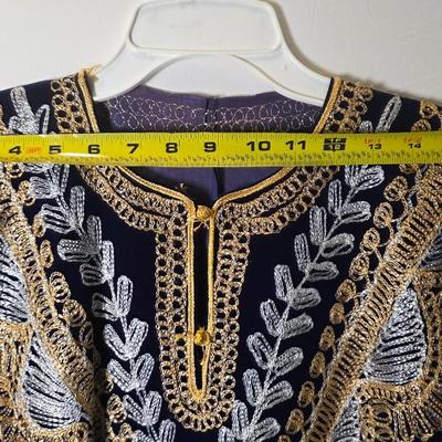Hand-Embroidered Navy Velvet Kaftan Dress with Gold & Silver Threadwork, Long Formal Evening Gown