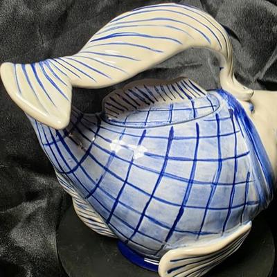 Blue Sky Clayworks Diane Fish Teapot – Hand-Painted Blue & White Ceramic Collectible