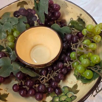 Vintage Pacific Rim Sonoma Hand-Painted Grape & Vine Ceramic Serving Bowl with Center Dip Insert