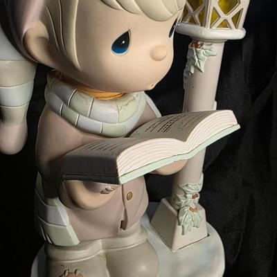 Vintage Enesco Nighttime Prayer Figurine Lamp / Musical Lighted Sculpture with Bird Lantern Accent