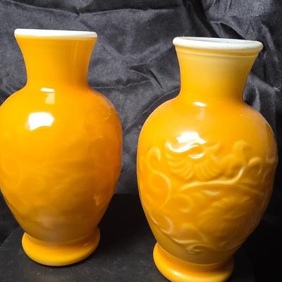 Pair of Vintage Avon “Spring Bouquet” Amber Milk Glass Fragranced Vases – 1981 Collectible Set