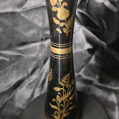 Vintage Black & Gold Hand-Etched Brass Vase – Indian Floral Motif