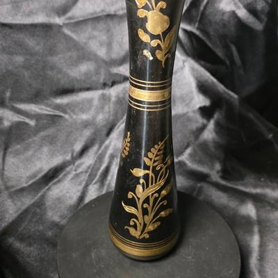 Vintage Black & Gold Hand-Etched Brass Vase – Indian Floral Motif