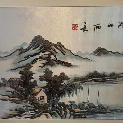 Vintage Chinese Shan Shui Landscape Painting on Silk – Hand-Painted Mountain & Lake Scene in Rustic Wood Frame