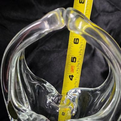 Vintage Hand-Blown Art Glass Basket Vase with Split Handle – Mid-Century Modern Clear Crystal