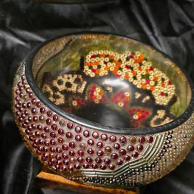 Ornate Resin Mosaic Lidded Jar – Red & Gold Beaded Decorative Accent Tureen