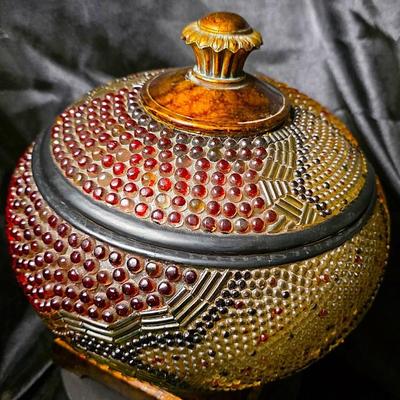 Ornate Resin Mosaic Lidded Jar – Red & Gold Beaded Decorative Accent Tureen
