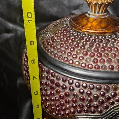 Ornate Resin Mosaic Lidded Jar – Red & Gold Beaded Decorative Accent Tureen