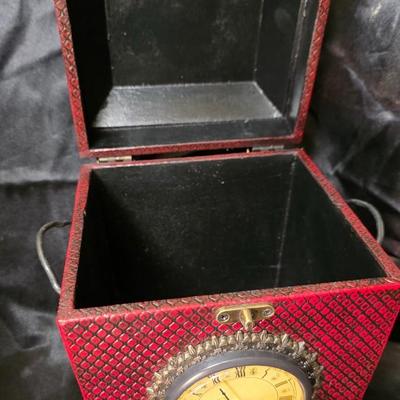 Home Interiors Vintage Red Clock Box – Faux Snakeskin Finish Decorative Storage Chest with Quartz Clock