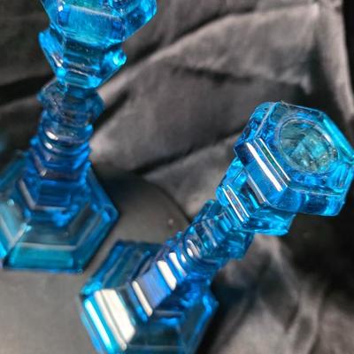 Pair of Fostoria “Henry Ford Museum” Copper Blue Argus Candlesticks – Mid-Century Glass Art Pair