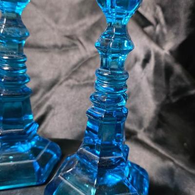 Pair of Fostoria “Henry Ford Museum” Copper Blue Argus Candlesticks – Mid-Century Glass Art Pair