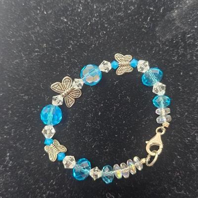 Blue Faceted Crystal Butterfly Charm Bracelet with Gold-Tone Clasp